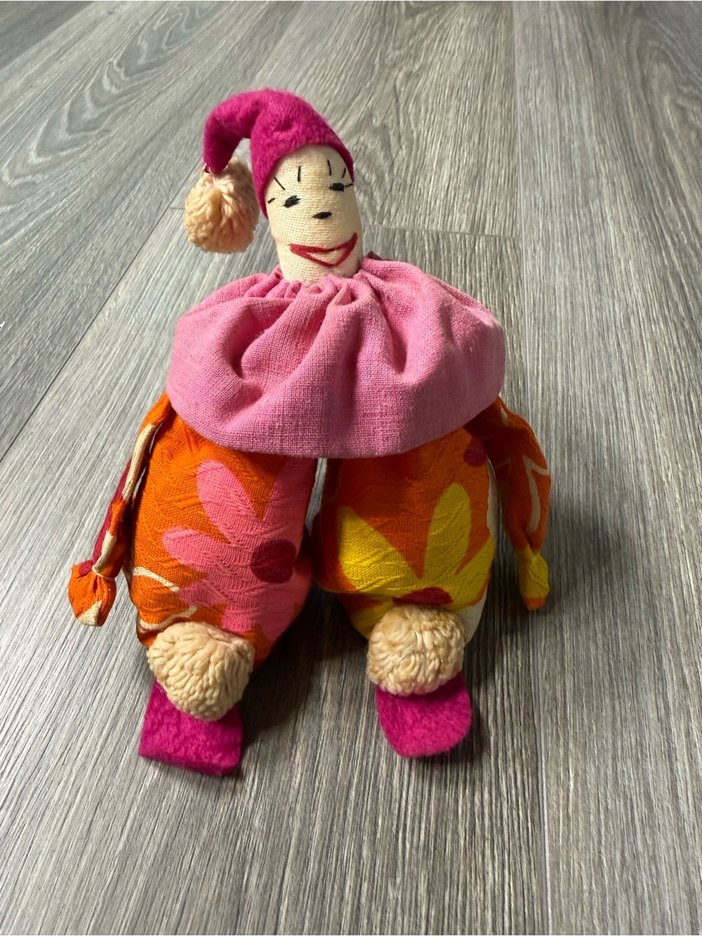 Vintage Handmade Clown Jester Doll 1960s 70s Mod Floral Bean Bag Folk Art